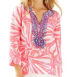 Lily Pulitzer Amelia Island Silk Tunic Blouse Pink White Size Small